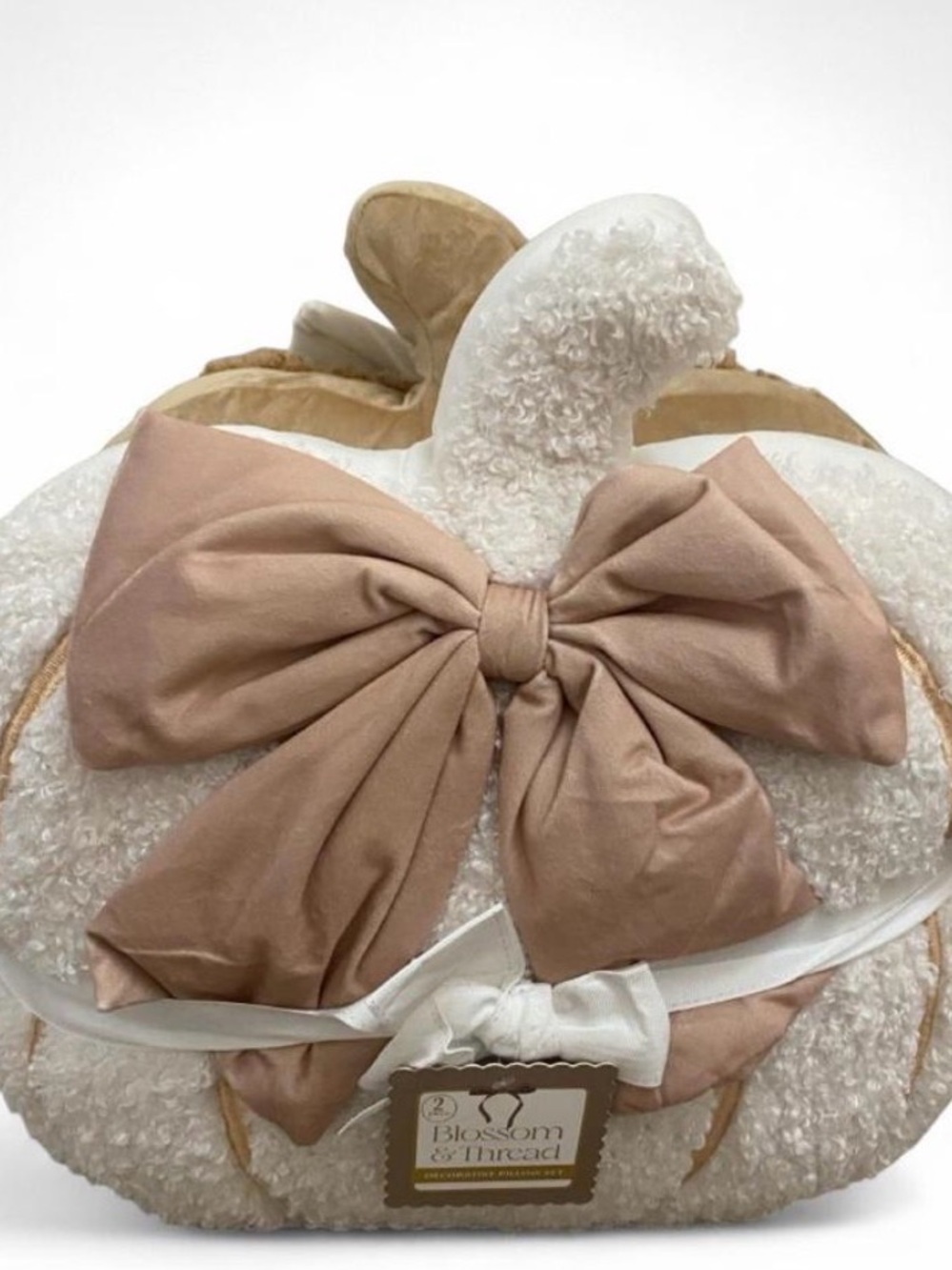 2 Pack Cream Pumpkin Plush with Taupe Bow -